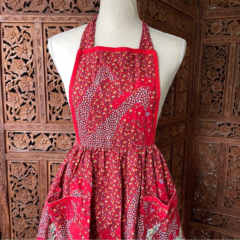 Vintage Handmade Unbranded Red Floral Halter Tie Apron Dress - Picture 2 of 8